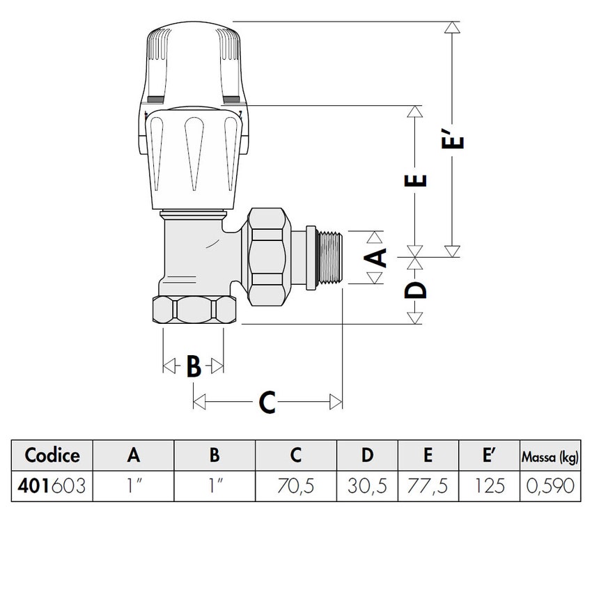 Immagine di Caleffi Valvola termostatizzabile, attacchi a squadra, per tubo in ferro 1" senza tenuta gomma Kv: 4,47 401603