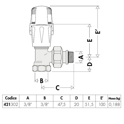 Immagine di Caleffi Valvola termostatizzabile. Con preregolazione. Attacchi a squadra per tubo in ferro 3/8" 421302