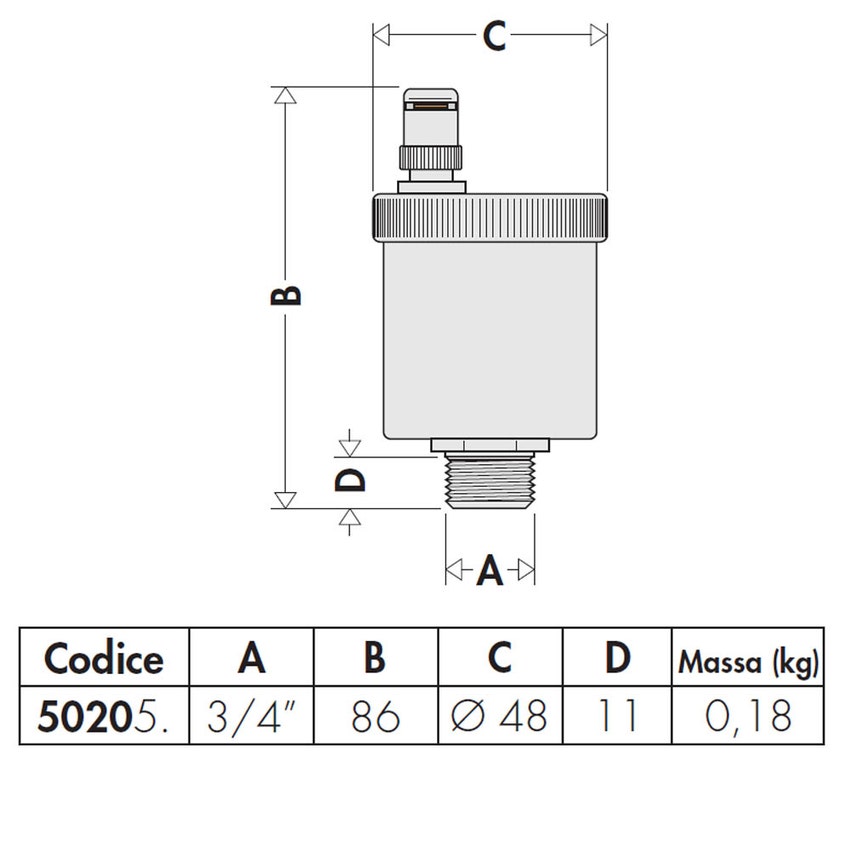 Caleffi 507711 AERCAL®, tappo per radiatori con valvola di sfogo aria 1  1/4” M destro