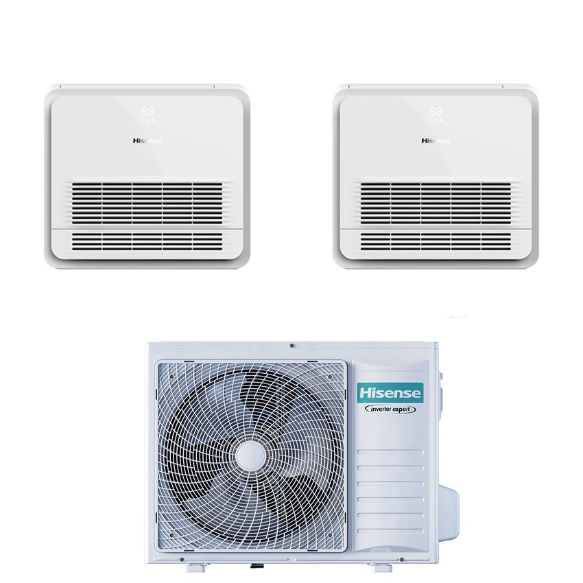 Immagine di Hisense CONSOLE commerciale R32 Climatizzatore console da pavimento dual split inverter Wi-Fi bianco | unità esterna 6.3 kW unità interne 9000+18000 BTU 3AMW62U4RJC+AKT[52]UR4RJK8+AKT[26]UR4RSK8