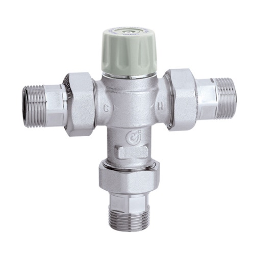 Immagine di Caleffi Miscelatore termostatico regolabile con manopola, con valvole di ritegno e filtri per controllo temperatura al punto di utilizzo, antiscottatura 3/4" Kv: 1.85 521713