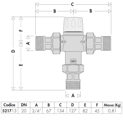 Immagine di Caleffi Miscelatore termostatico regolabile con manopola, con valvole di ritegno e filtri per controllo temperatura al punto di utilizzo, antiscottatura 3/4" Kv: 1.85 521713