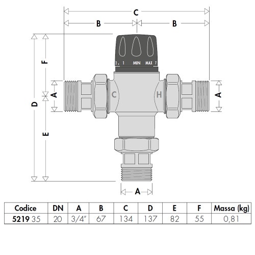 Immagine di Caleffi Miscelatore termostatico regolabile con manopola, per controllo temperatura al punto di distribuzione con funzione chiusura termica 3/4" 521935
