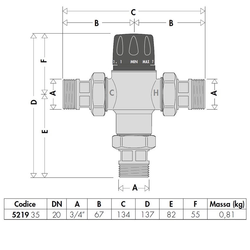 Immagine di Caleffi Miscelatore termostatico regolabile con manopola, per controllo temperatura al punto di distribuzione con funzione chiusura termica 3/4" 521935