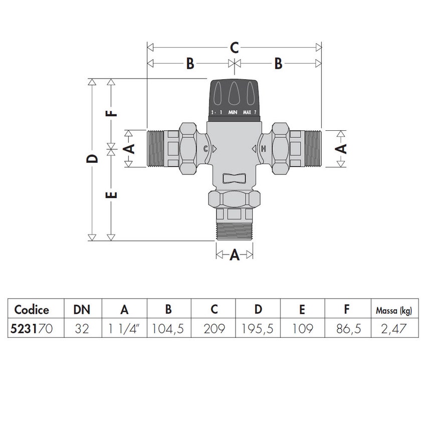 Immagine di Caleffi Miscelatore termostatico regolabile, per impianti centralizzati, corpo in lega antidezincificazione 1" 1/4 523170