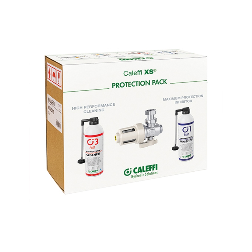 Immagine di Caleffi PROTECTION PACK con filtro defangatore magnetico sottocaldaia, C3 fast cleaner e C1 fast inhibitor KIT545900