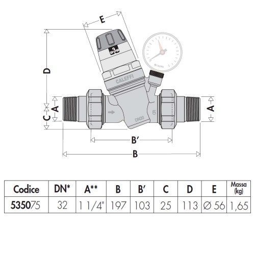 Immagine di Caleffi Riduttore di pressione con cartuccia monoblocco estraibile con manometro 1/2"1 1/4" con cartuccia da 1"  535075