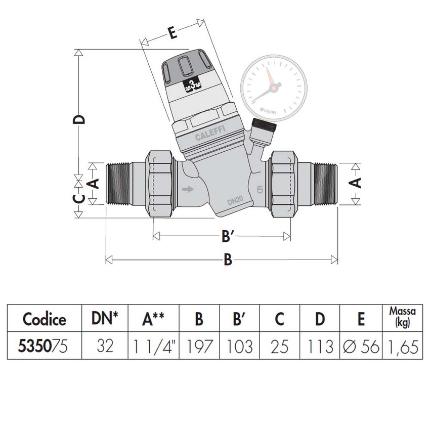 Immagine di Caleffi Riduttore di pressione con cartuccia monoblocco estraibile con manometro 1/2"1 1/4" con cartuccia da 1"  535075