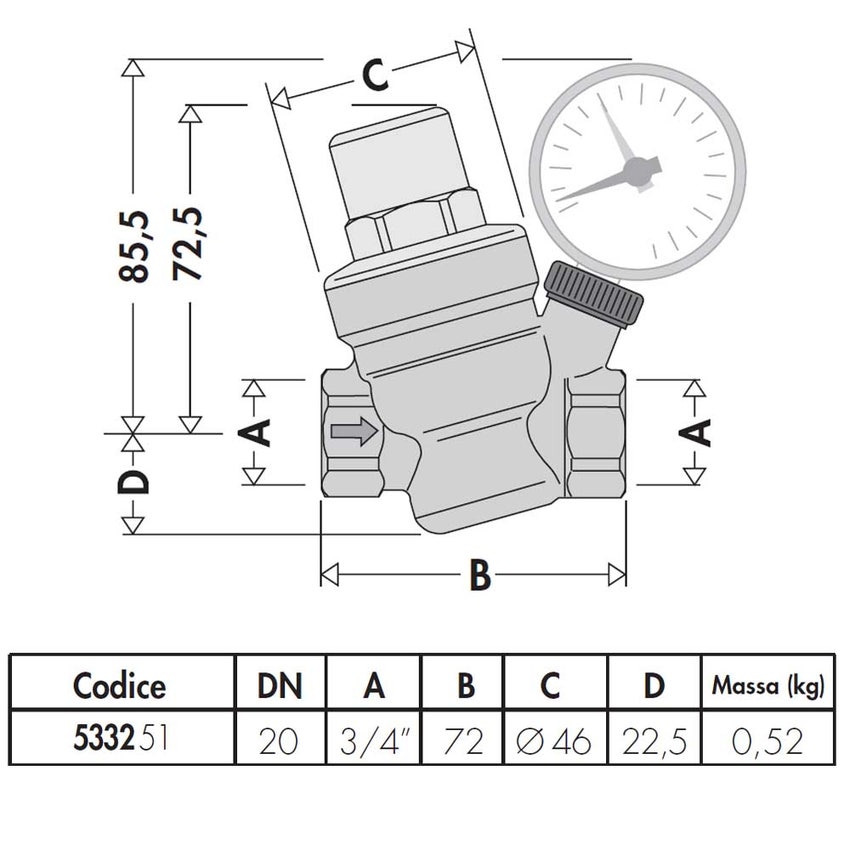 Immagine di Caleffi Riduttore di pressione inclinato con manometro 3/4" 533251