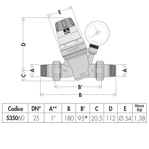 Immagine di Caleffi Riduttore di pressione con cartuccia monoblocco estraibile con attacco manometro 1" 535060