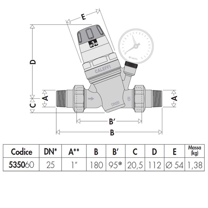 Immagine di Caleffi Riduttore di pressione con cartuccia monoblocco estraibile con attacco manometro 1" 535060