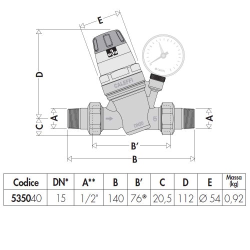 Immagine di Caleffi Riduttore di pressione con cartuccia monoblocco estraibile con attacco manometro 1/2" 535040