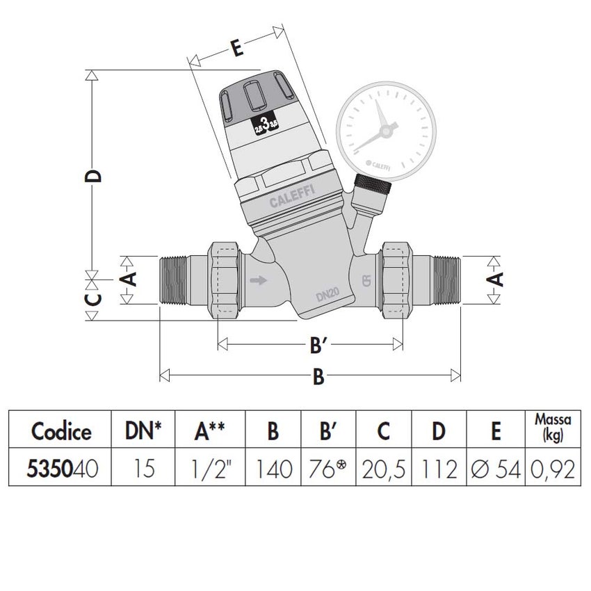 Immagine di Caleffi Riduttore di pressione con cartuccia monoblocco estraibile con attacco manometro 1/2" 535040