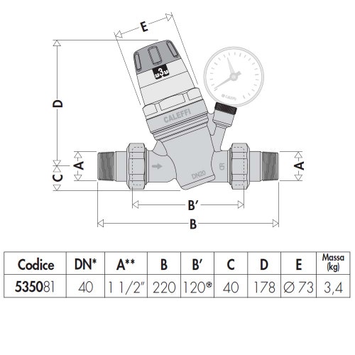 Immagine di Caleffi Riduttore di pressione con cartuccia monoblocco estraibile con manometro 1 1/2" 535081