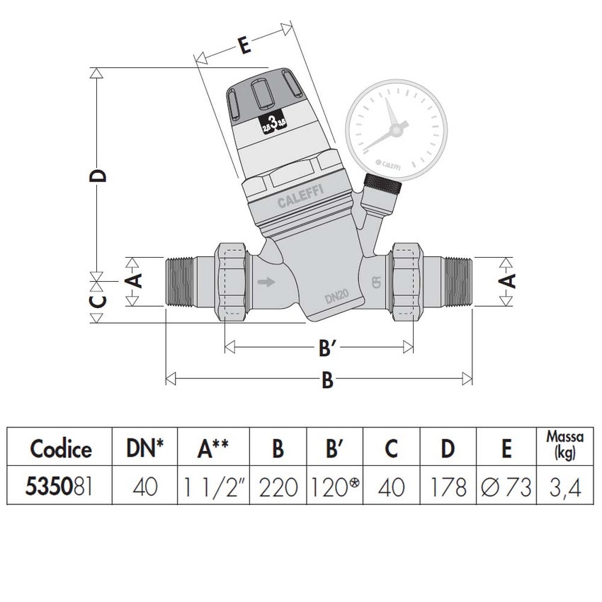 Immagine di Caleffi Riduttore di pressione con cartuccia monoblocco estraibile con manometro 1 1/2" 535081