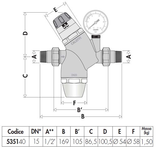 Immagine di Caleffi Riduttore di pressione con cartuccia monoblocco estraibile con attacco manometro 1/2" 535140