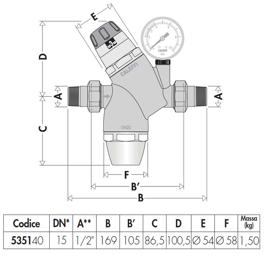 Immagine di Caleffi Riduttore di pressione con cartuccia monoblocco estraibile con attacco manometro 1/2" 535140