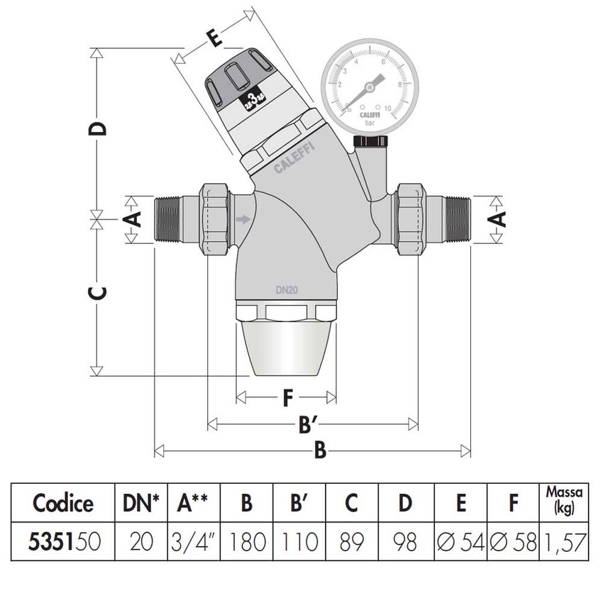 Immagine di Caleffi Riduttore di pressione con cartuccia monoblocco estraibile con attacco manometro 3/4" 535150