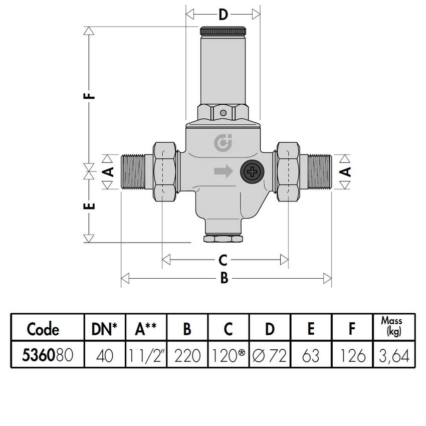 Immagine di Caleffi Riduttore di pressione con cartuccia estraibile, attacchi maschio a bocchettone 1 1/2" con attacco manometro 1/4" F 536080