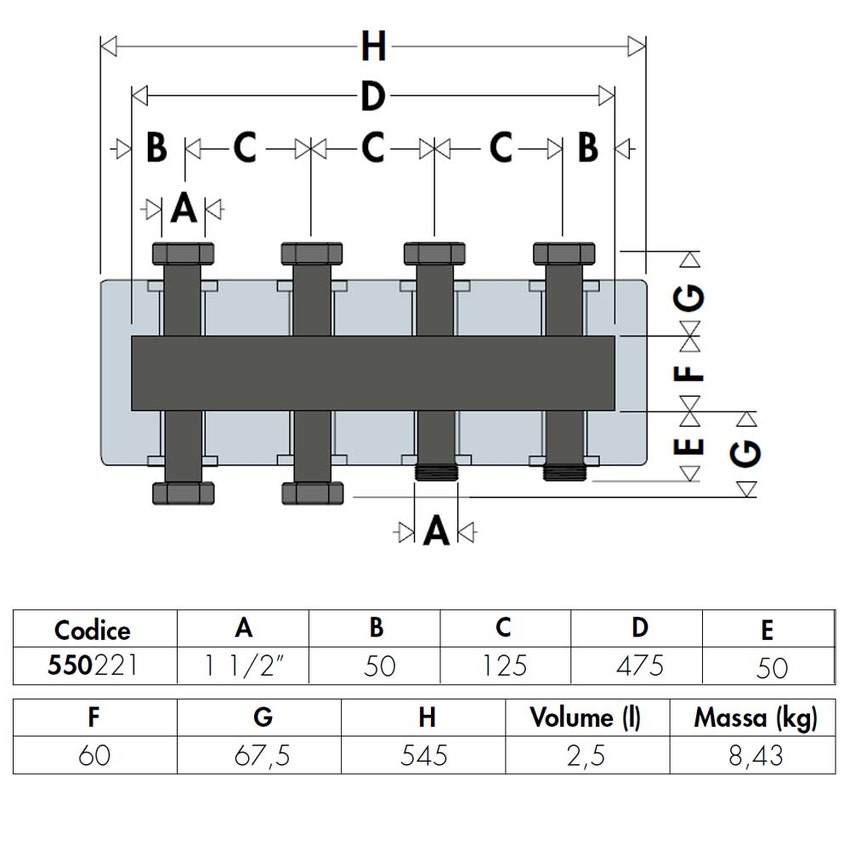 Immagine di Caleffi Collettore Ø1.1/2" per impianti di riscaldamento con 2+1 attacchi interasse 125 mm, portata massima consigliata 4 m3/h 550221