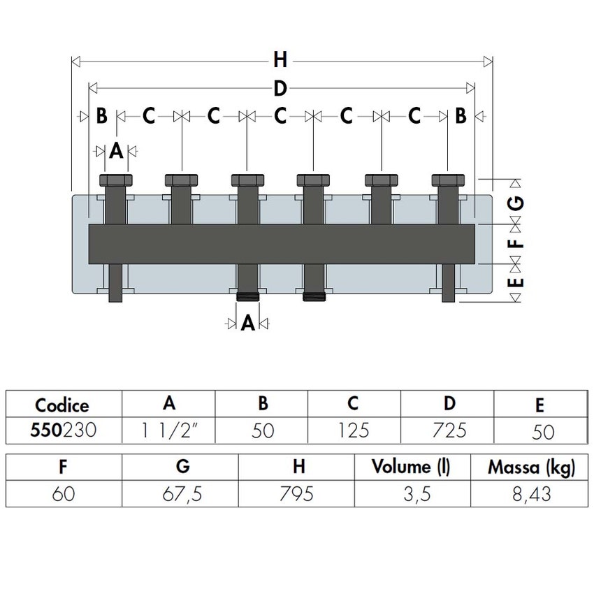 Immagine di Caleffi Collettore Ø1.1/2" per impianti di riscaldamento con 3 attacchi interasse 125 mm, portata massima consigliata 4 m3/h 550230