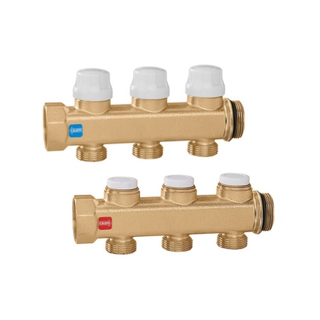 Immagine di Caleffi Coppia collettori completi di valvole di intercettazione e detentori di preregolazione, attacco 1", 2 derivazioni 662625