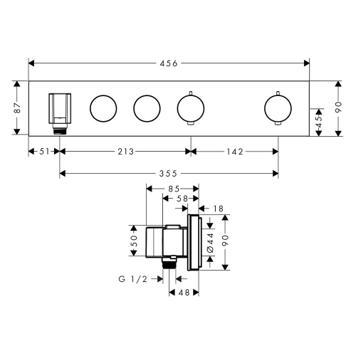 Immagine di Axor SHOWERSOLUTIONS miscelatore termostatico select 460/90 ad incasso, per 2 utenze, con supporto doccia, finitura cromo 18355000
