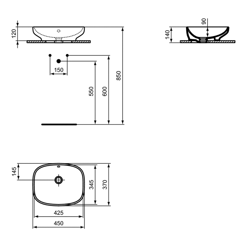 Immagine di Ideal Standard I.LIFE B VESSEL lavabo da appoggio rettangolare L.45 cm, senza foro rubinetteria, con troppopieno, colore bianco finitura lucido T509201