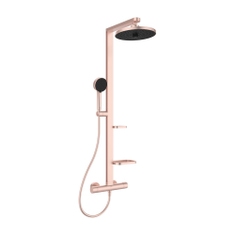 Immagine di Ideal Standard ALU+ colonna doccia termostatica con 2 mensole, doccetta a mano a 2 funzioni e soffione rotondo Ø 26 cm, colore rosè BD583RO