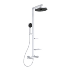 Immagine di Ideal Standard ALU+ colonna doccia termostatica con 2 mensole, doccetta a mano a 2 funzioni e soffione rotondo Ø 26 cm, colore matt silver BD583SI