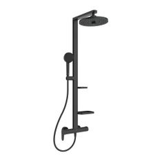 Immagine di Ideal Standard ALU+ colonna doccia meccanica con 2 mensole, doccetta a mano a 2 funzioni e soffione rotondo Ø 26 cm, colore nero seta finitura opaco BD584XG