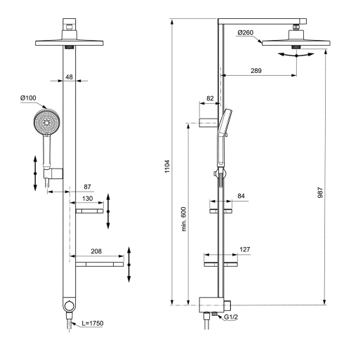 Immagine di Ideal Standard ALU+ colonna doccia con deviatore, 2 mensole, doccetta a mano a 2 funzioni e soffione rotondo Ø 26 cm, da abbinare a miscelatore a 1 via a incasso o esterno, colore matt silver BD585SI