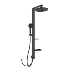 Immagine di Ideal Standard ALU+ colonna doccia con deviatore, 2 mensole, doccetta a mano a 2 funzioni e soffione rotondo Ø 26 cm, da abbinare a miscelatore a 1 via a incasso o esterno, colore nero seta finitura opaco BD585XG
