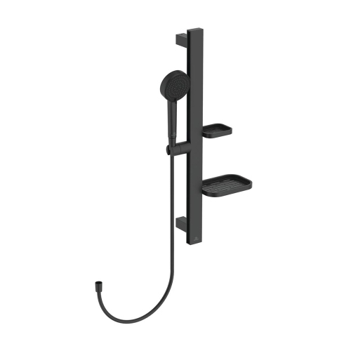 Immagine di Ideal Standard ALU+ asta doccia con 2 mensole, doccetta a mano a due funzioni e flessibile 150 cm, colore nero seta finitura opaco BD586XG
