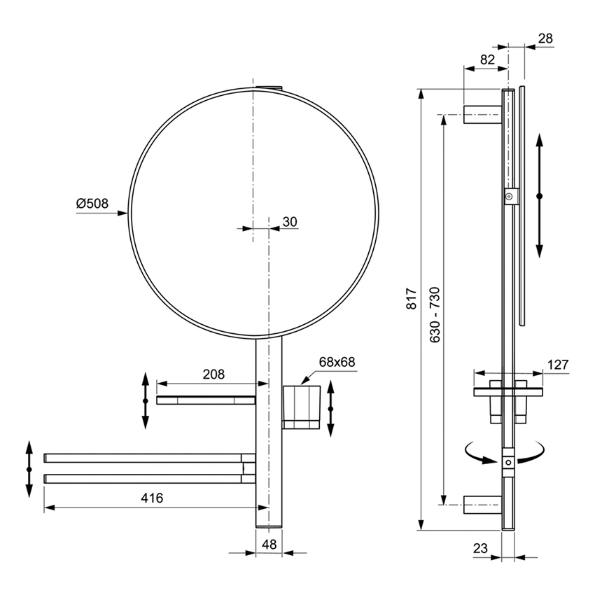 Immagine di Ideal Standard ALU+ barra multifunzione L, con specchio Ø 50 cm, 2 mensole e doppia barra asciugamano, colore matt silver BD587SI