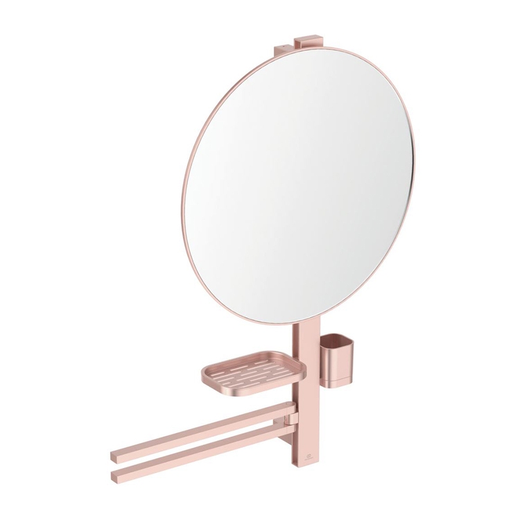 Ideal Standard ALU+ barra multifunzione L, con specchio Ø 50 cm, 2 mensole e doppia barra asciugamano, colore rosè BD587RO