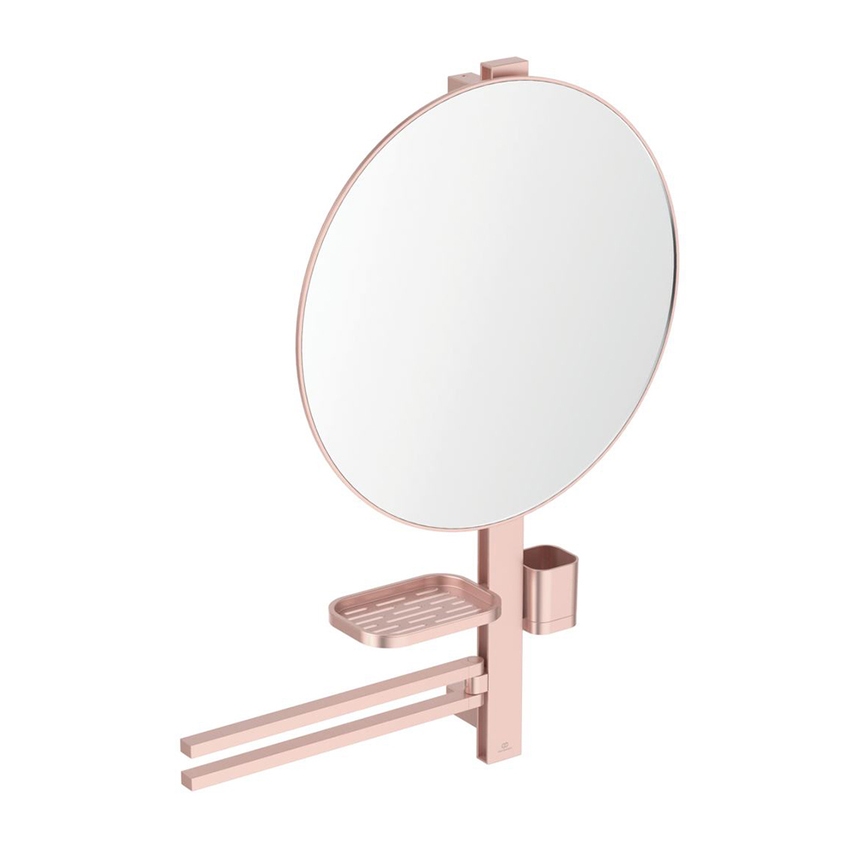Immagine di Ideal Standard ALU+ barra multifunzione L, con specchio Ø 50 cm, 2 mensole e doppia barra asciugamano, colore rosè BD587RO