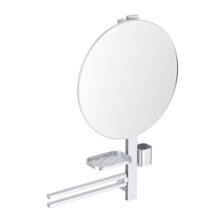 Immagine di Ideal Standard ALU+ barra multifunzione L, con specchio Ø 50 cm, 2 mensole e doppia barra asciugamano, colore matt silver BD587SI