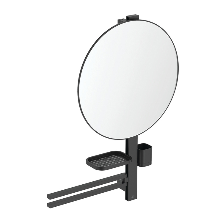 Ideal Standard ALU+ barra multifunzione L, con specchio Ø 50 cm, 2 mensole e doppia barra asciugamano, colore nero seta finitura opaco BD587XG
