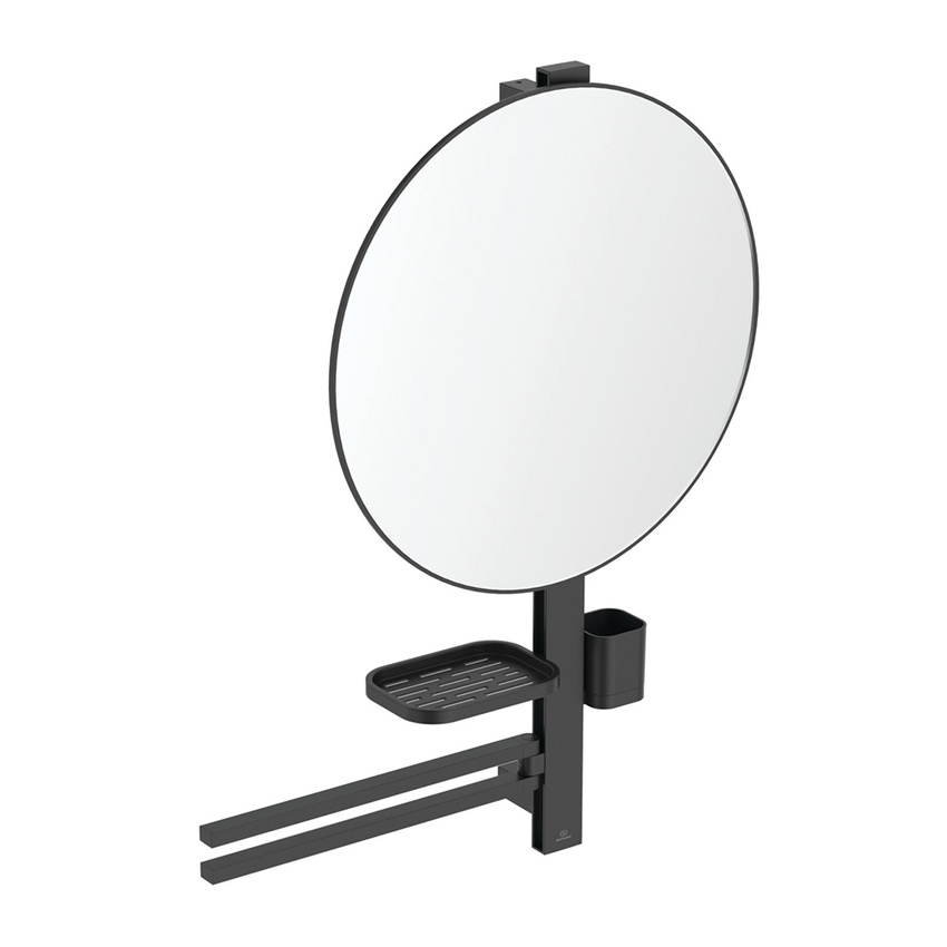 Immagine di Ideal Standard ALU+ barra multifunzione L, con specchio Ø 50 cm, 2 mensole e doppia barra asciugamano, colore nero seta finitura opaco BD587XG