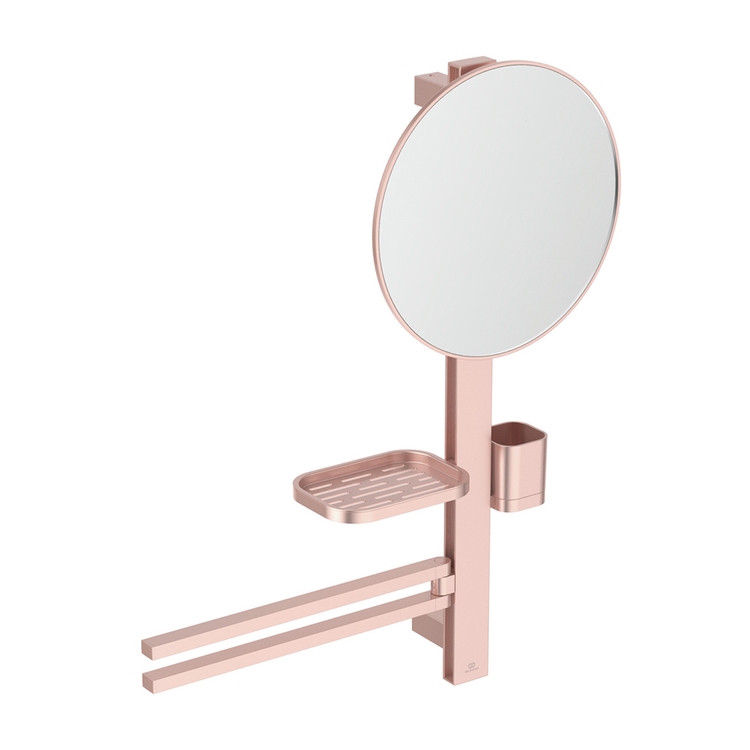 Immagine di Ideal Standard ALU+ barra multifunzione M, con specchio Ø 32 cm, mensola, bicchiere e doppia barra asciugamano, colore rosè BD588RO