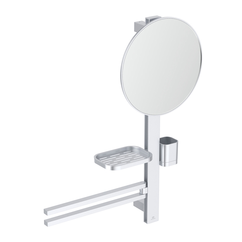 Immagine di Ideal Standard ALU+ barra multifunzione M, con specchio Ø 32 cm, mensola, bicchiere e doppia barra asciugamano, colore matt silver BD588SI