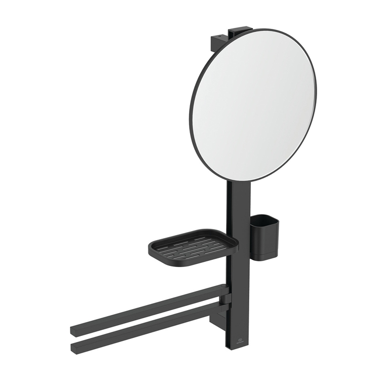 Immagine di Ideal Standard ALU+ barra multifunzione M, con specchio Ø 32 cm, mensola, bicchiere e doppia barra asciugamano, colore nero seta finitura opaco BD588XG