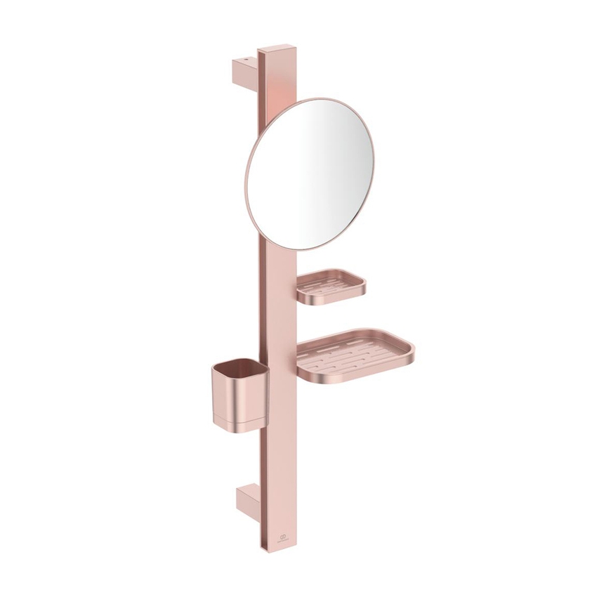 Immagine di Ideal Standard ALU+ barra multifunzione S, con specchio ingranditore Ø 20 cm, 2 mensole e bicchiere, colore rosè BD589RO