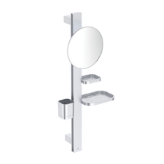Immagine di Ideal Standard ALU+ barra multifunzione S, con specchio ingranditore Ø 20 cm, 2 mensole e bicchiere, colore matt silver BD589SI