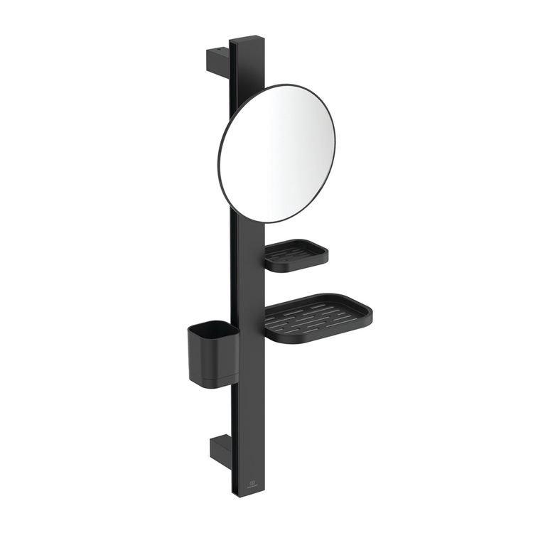 Ideal Standard ALU+ barra multifunzione S, con specchio ingranditore Ø 20 cm, 2 mensole e bicchiere, colore nero seta finitura opaco BD589XG