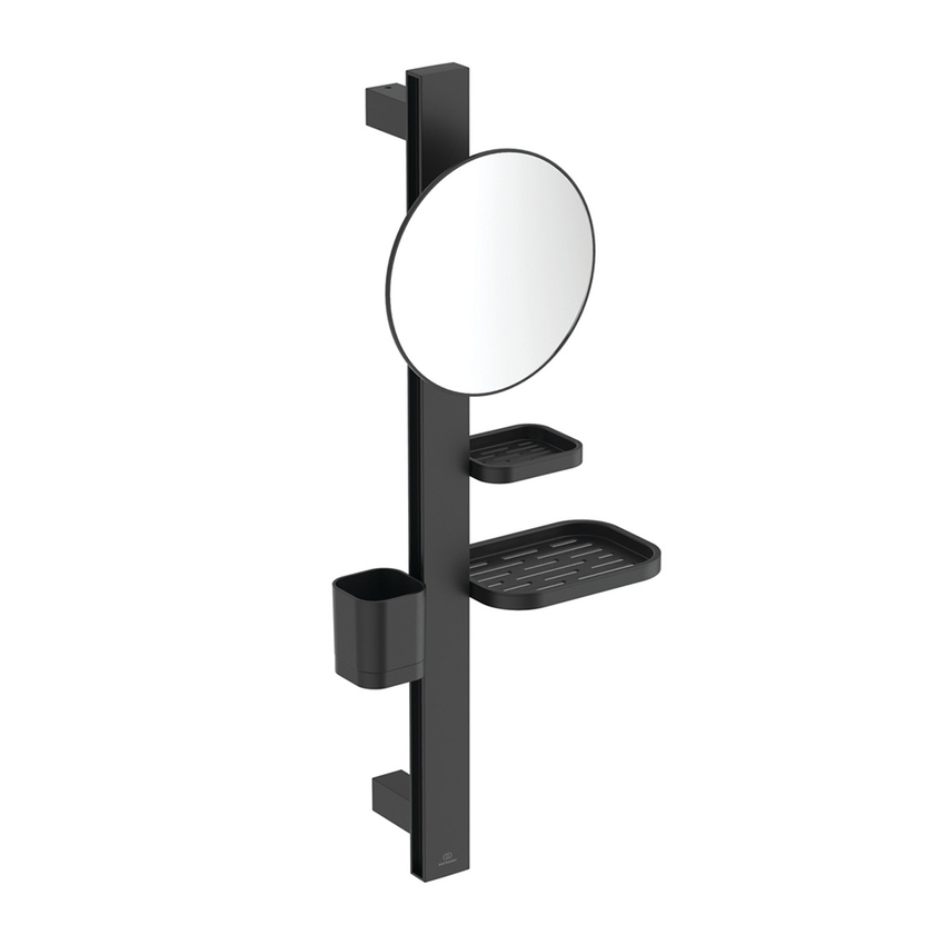 Immagine di Ideal Standard ALU+ barra multifunzione S, con specchio ingranditore Ø 20 cm, 2 mensole e bicchiere, colore nero seta finitura opaco BD589XG