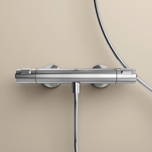 Immagine di Ideal Standard CERATHERM T25 miscelatore termostatico esterno per doccia, con tecnologia Cool Body e tasto Eko, senza componenti doccia, finitura cromo A7201AA