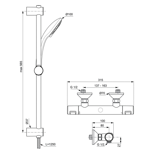 Ideal Standard A7203AA CERATHERM T25 kit termostatico esterno con asta  doccia, doccetta 3 funzioni, tubo flessibile 125 cm e termostatico esterno,  finitura cromo