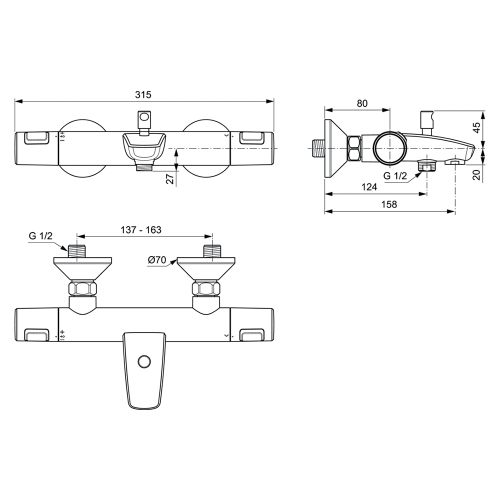 Immagine di Ideal Standard CERATHERM T25 miscelatore termostatico esterno per vasca o doccia, senza componenti doccia, finitura cromo A7206AA